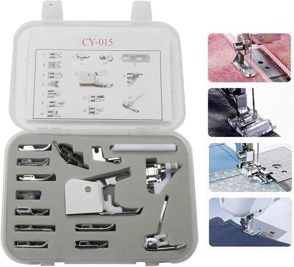 Universal 15 Piece Sewing Machine Presser Walking Feet Kit - OEM Suitable for Babylock Janome Brother New Home Singer Kenmore Simplicity Toyota Necchi