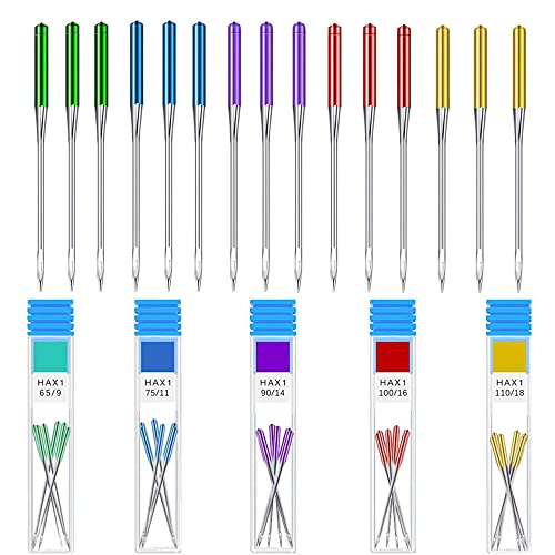 30 Pieces Sewing Machine Needles Universal Regular Point Machine Needles for Singer, Brother, Janome Home Sewing Machine with Size in HAX1 65/9, 75/11, 90/14, 100/16, 110/18 (5 Colors)