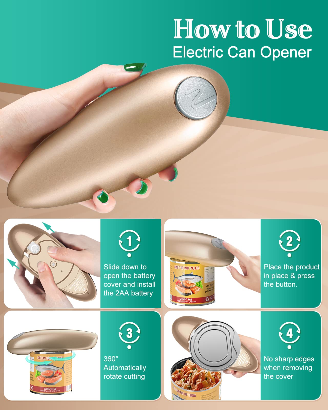 Electric Can Opener, No Sharp Edge Can Opener Electric, Hands-Free Electric Can Opener for Kitchen, Automatic Can Opener for Any Size, Kitchen Gadget Handheld Can Opener for Arthritis and Seniors