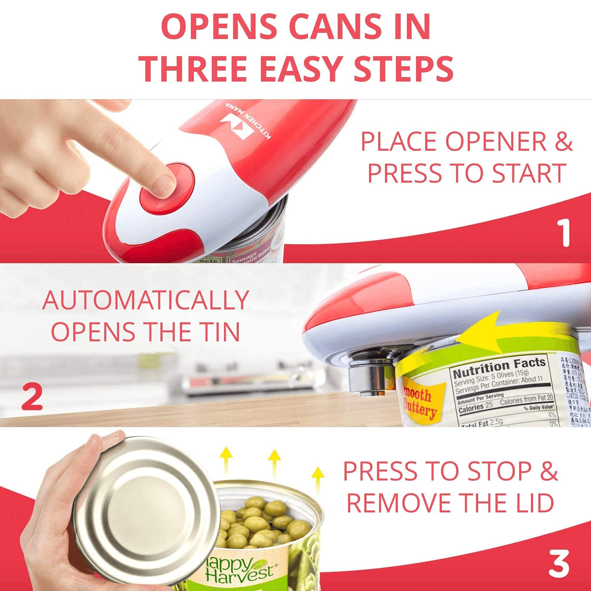 Kitchen Mama Electric Can Opener: Smooth Edge, Food-Safe and Battery Operated Can Opener (Bundle Red and White)