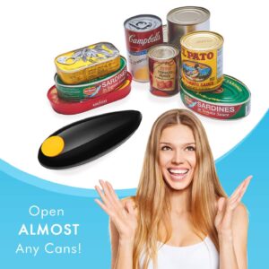 Electric Can Opener - Handheld Portable Kitchen One Touch Push Button Smooth Edge CanOpener, Cordless Food Safe Battery Operated Automatic Any Size Opener (Black)