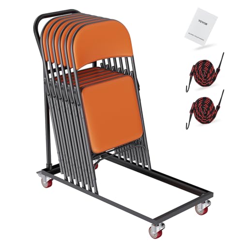 VEVOR Folding Chair Dolly, 39"L x 21"W x 42.9"H L-Shaped Steel Vertical Storage Cart, Multi-Function Chair Cart with 4 Casters 12 Chairs Capacity for Flat Stacking Plastic Resin & Wood Chairs, Black