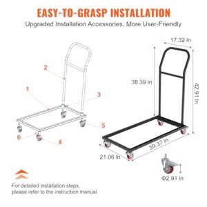 VEVOR Folding Chair Dolly, 39"L x 21"W x 42.9"H L-Shaped Steel Vertical Storage Cart, Multi-Function Chair Cart with 4 Casters 12 Chairs Capacity for Flat Stacking Plastic Resin & Wood Chairs, Black