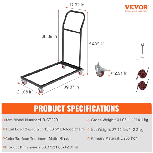 VEVOR Folding Chair Dolly, 39"L x 21"W x 42.9"H L-Shaped Steel Vertical Storage Cart, Multi-Function Chair Cart with 4 Casters 12 Chairs Capacity for Flat Stacking Plastic Resin & Wood Chairs, Black