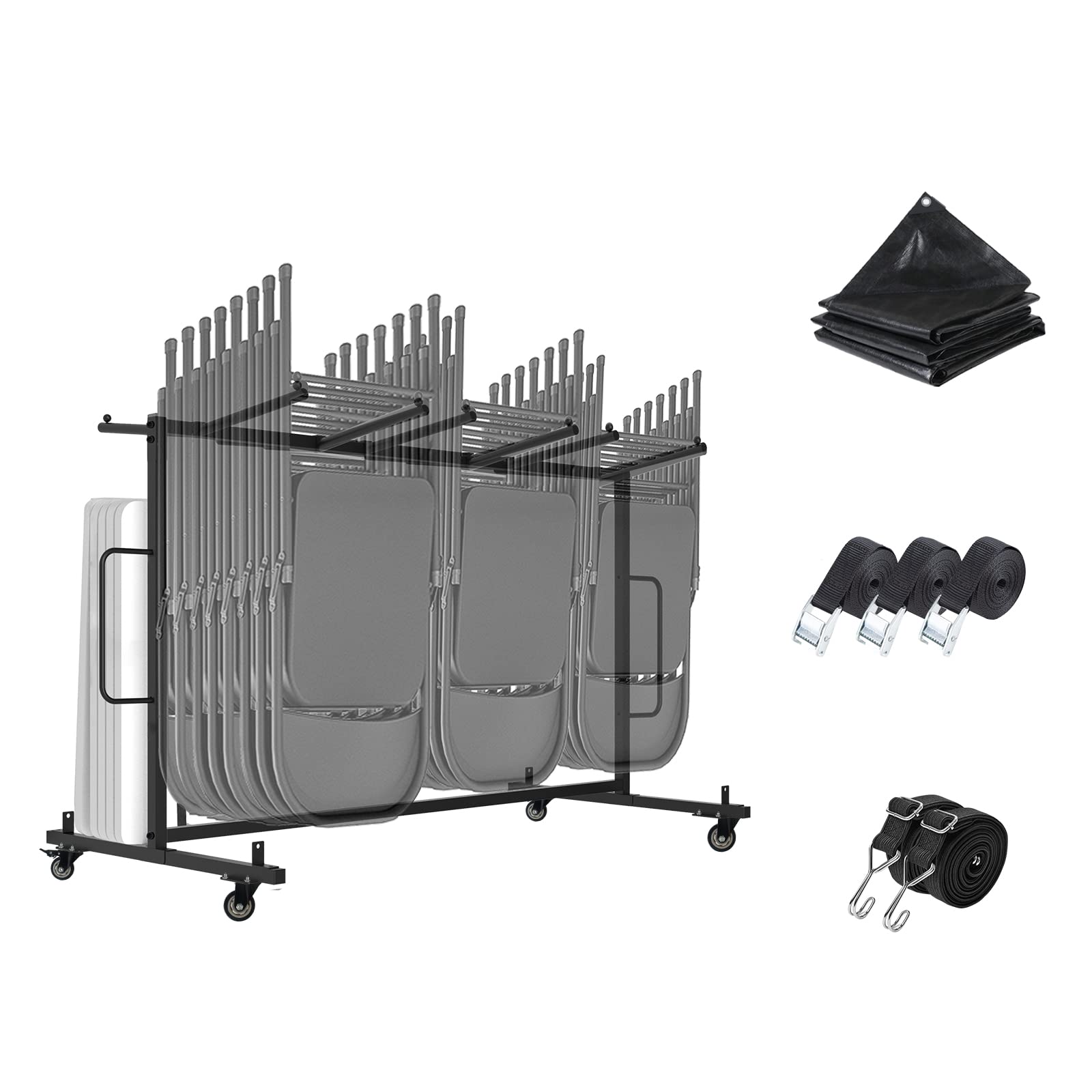 Folding Table and Chair Cart, Folding Chair and Table Storage Rack with 400LBS Capacity for 42 Folding Chairs Heavy Metal Folding Chair Dolly Holder Rack with Rubber Locking Wheels,Straps and Cover