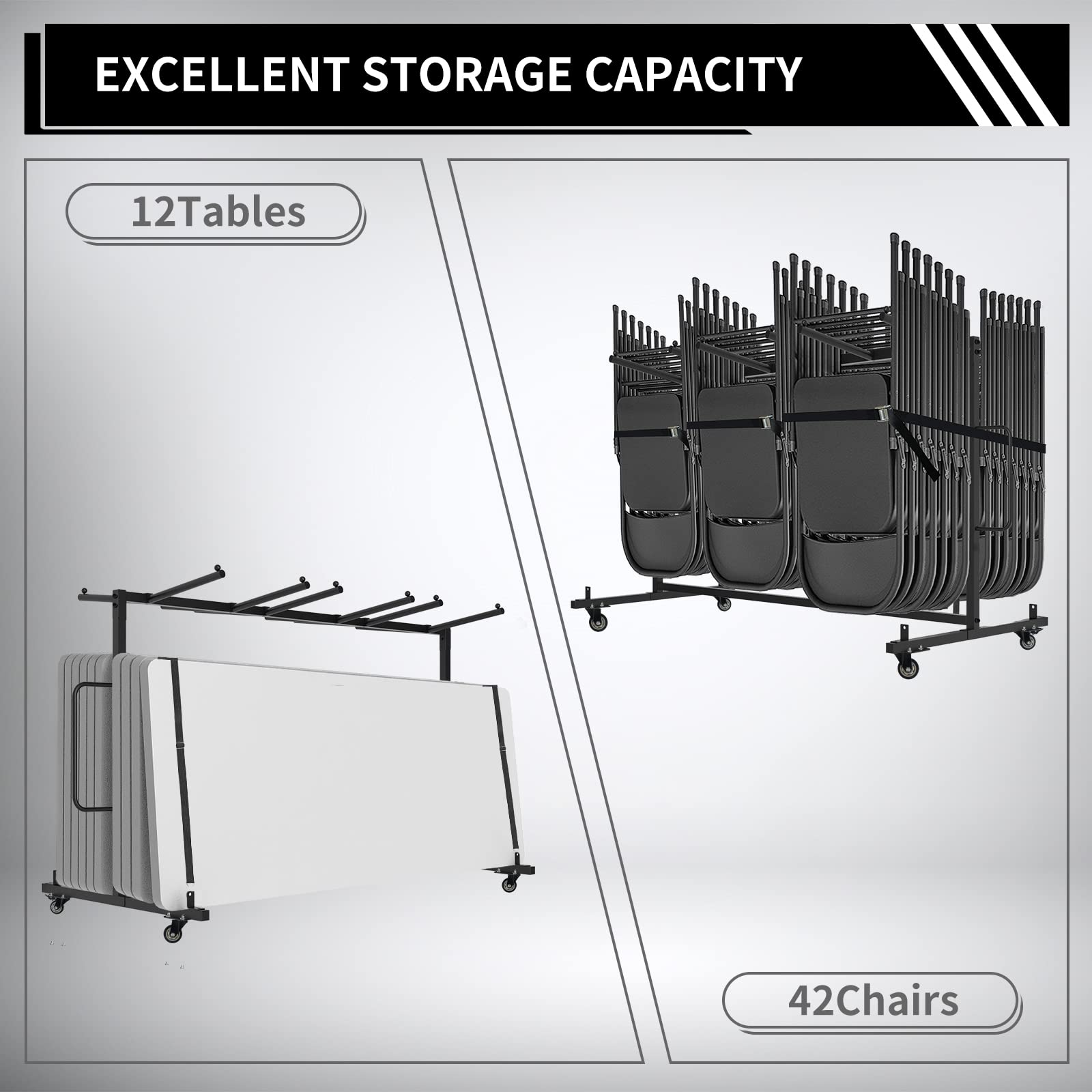 Folding Table and Chair Cart, Folding Chair and Table Storage Rack with 400LBS Capacity for 42 Folding Chairs Heavy Metal Folding Chair Dolly Holder Rack with Rubber Locking Wheels,Straps and Cover