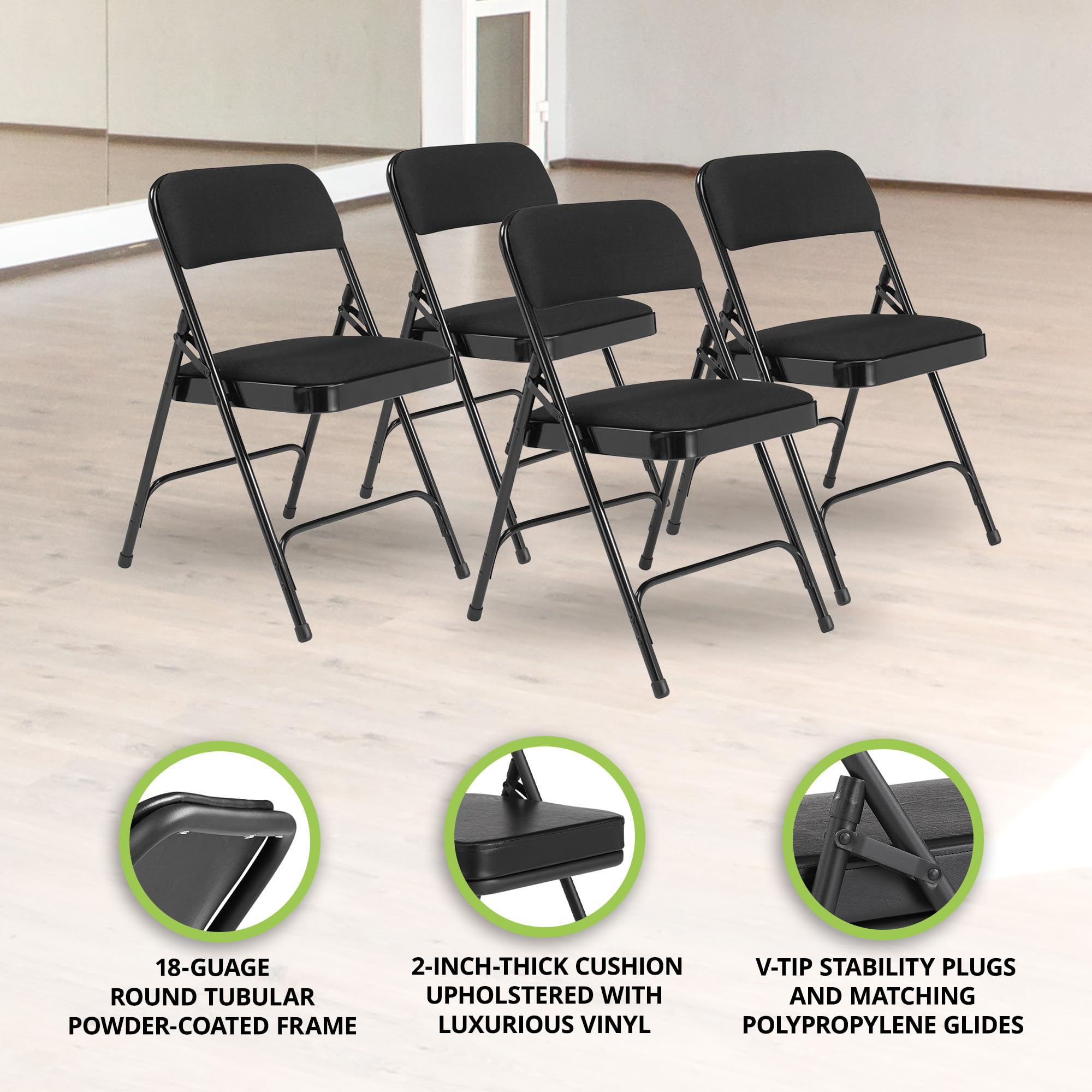 National Public Seating 2200 Series Deluxe Fabric Upholstered 2" Cushion Double Hinge Indoor Outdoor Dining/Office Folding Chair, Black, 4 Pack