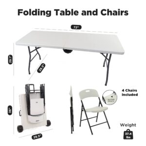 Creative Outdoor Folding Table and Chairs, 6 Ft, Built-in Wheels, Portable Durable Plastic, Indoor/Outdoor Events, Perfect for Camping/Picnic/Tailgating/Party (White Table and 4 Chair Set)