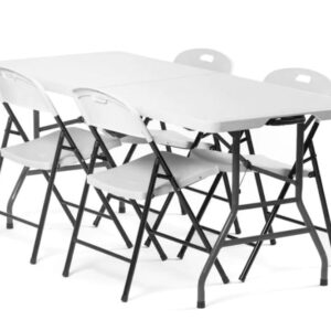 Creative Outdoor Folding Table and Chairs, 6 Ft, Built-in Wheels, Portable Durable Plastic, Indoor/Outdoor Events, Perfect for Camping/Picnic/Tailgating/Party (White Table and 4 Chair Set)
