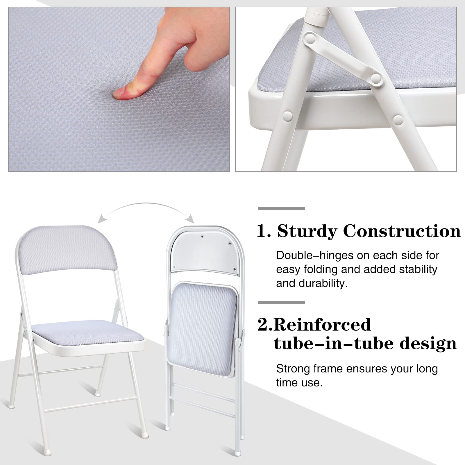 6 Pack Folding Chairs with Padded Cushions and Back Metal Frame Foldable Chairs with Padded Seats Portable Commercial Seat for Office Indoor Outdoor Meeting Wedding Party Event (White, Grey)
