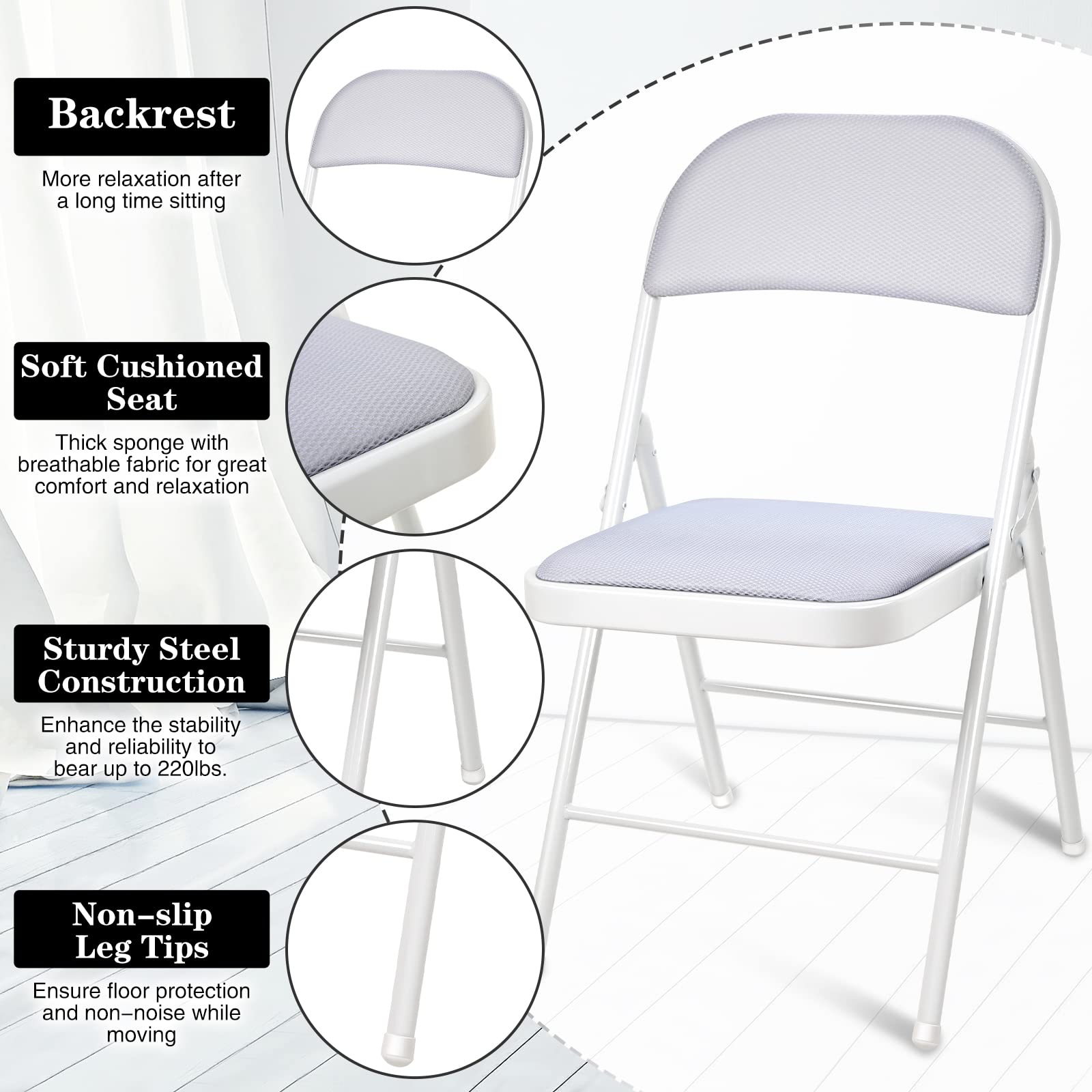 6 Pack Folding Chairs with Padded Cushions and Back Metal Frame Foldable Chairs with Padded Seats Portable Commercial Seat for Office Indoor Outdoor Meeting Wedding Party Event (White, Grey)
