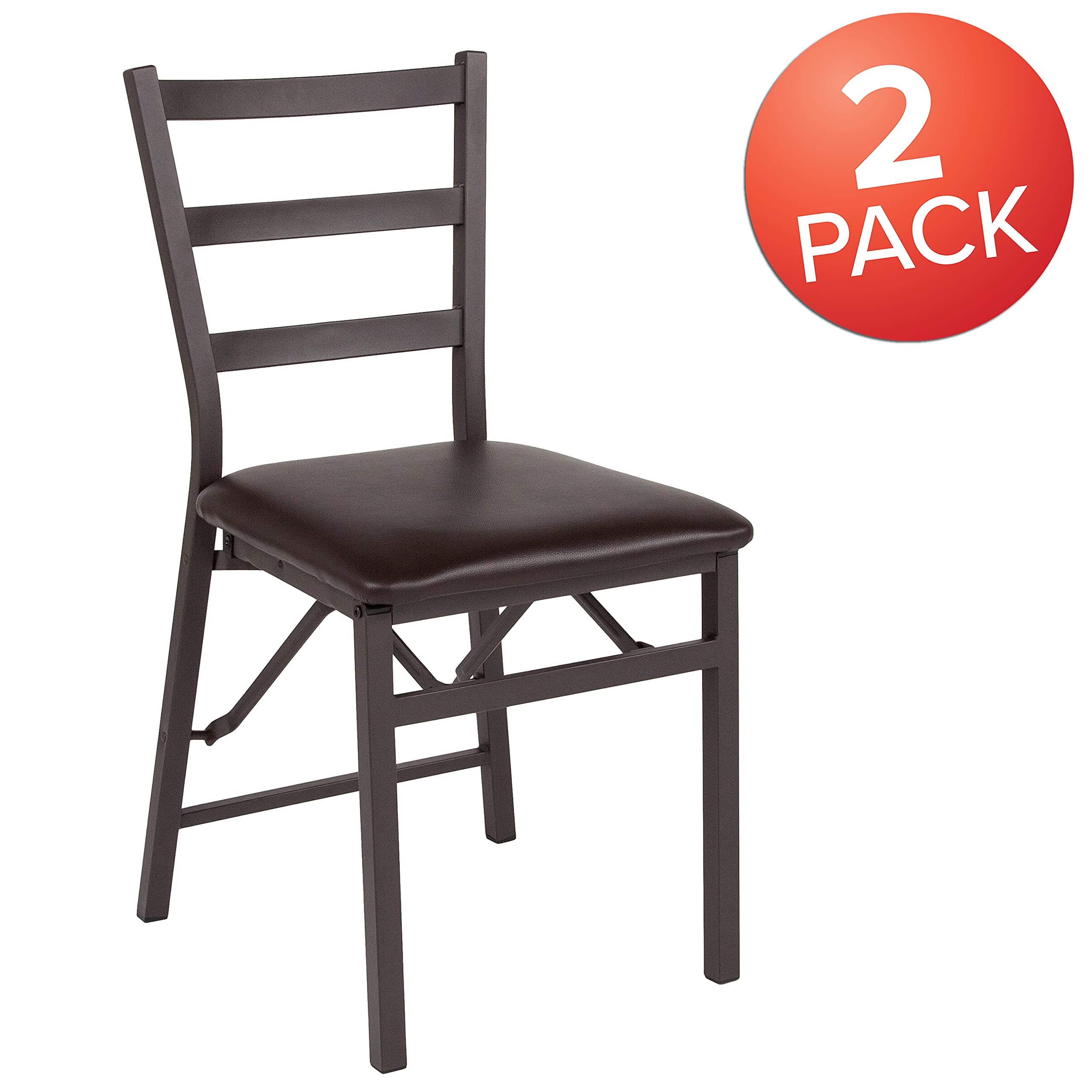 EMMA + OLIVER 2 Pack Ladder Back Metal Folding Chair with Brown Vinyl Seat