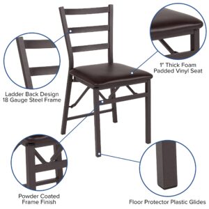 EMMA + OLIVER 2 Pack Ladder Back Metal Folding Chair with Brown Vinyl Seat