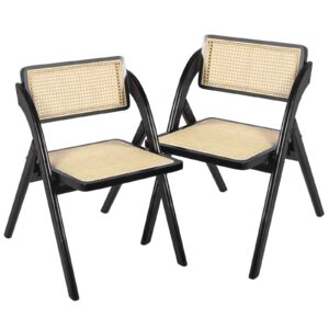 Bekrvio Folding Chair Solid Wood Rattan Chairs Set of 2, Mid-Century Modern Rattan Dining Chairs with Cane Back Handmade for Living Room Bedroom, Garden Balcony, Office, No Assembly Required (Black)