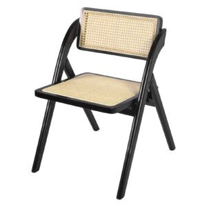 Bekrvio Folding Chair Solid Wood Rattan Chairs Set of 2, Mid-Century Modern Rattan Dining Chairs with Cane Back Handmade for Living Room Bedroom, Garden Balcony, Office, No Assembly Required (Black)