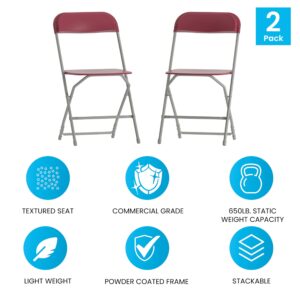 EMMA + OLIVER Set of 2 Plastic Folding Chairs - 650 LB Weight Capacity Lightweight Stackable Folding Chair in Red