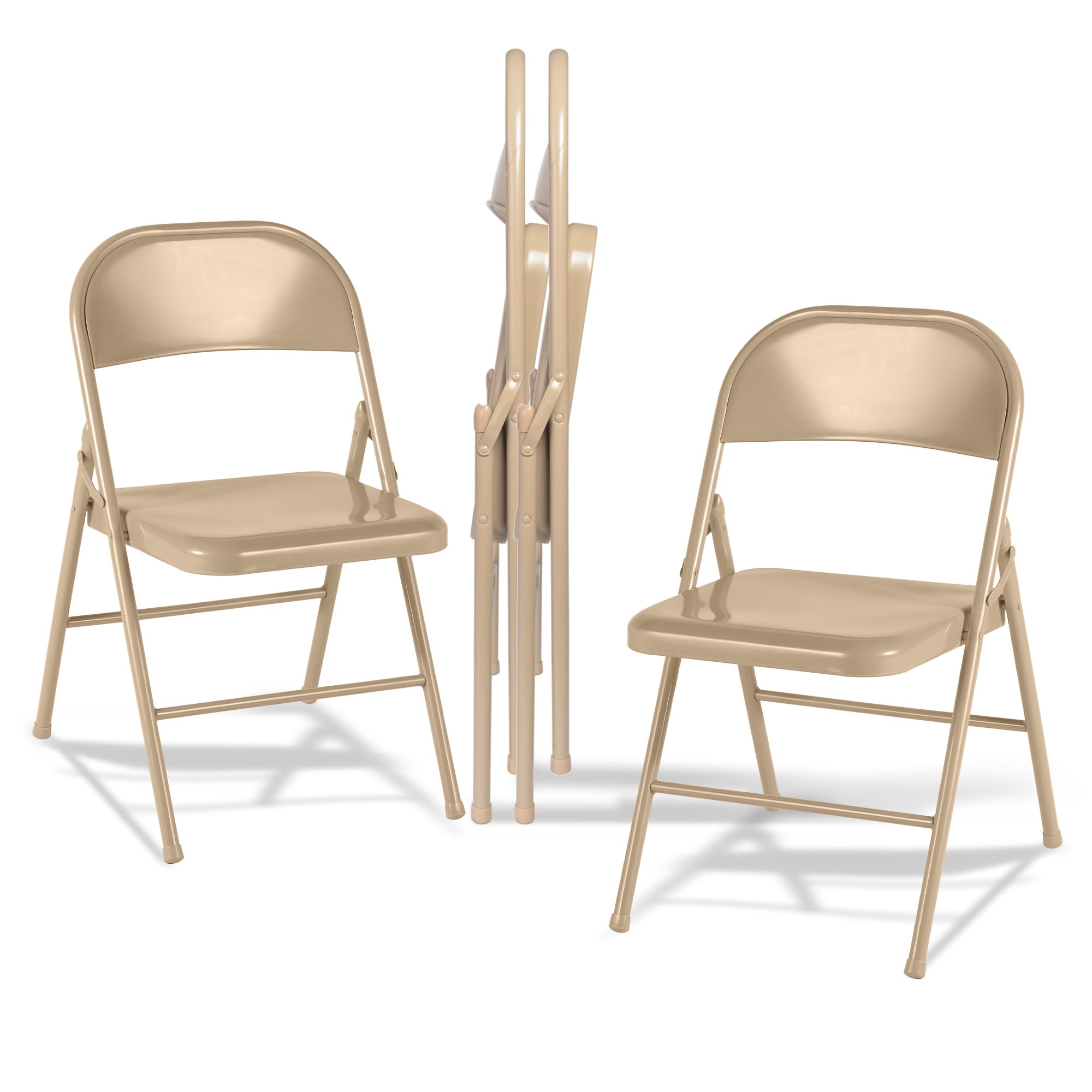 VECELO Folding Chairs Metal Frame Steel Seat with Triple Braced for Home Office,No-Assembly Heavy-Duty&Stackable Space Saving, Set of 4, Beige