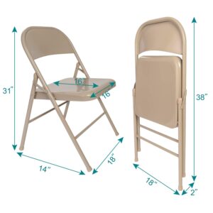 VECELO Folding Chairs Metal Frame Steel Seat with Triple Braced for Home Office,No-Assembly Heavy-Duty&Stackable Space Saving, Set of 4, Beige