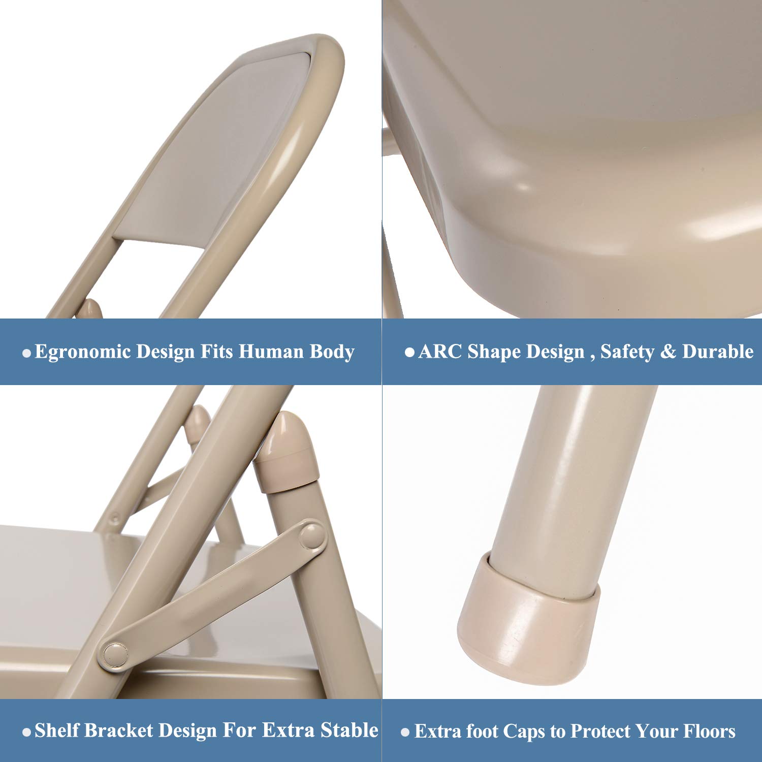 VECELO Folding Chairs Metal Frame Steel Seat with Triple Braced for Home Office,No-Assembly Heavy-Duty&Stackable Space Saving, Set of 4, Beige