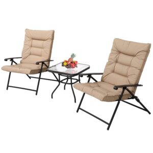 SUNCROWN 3-Piece Outdoor Furniture Patio Padded Folding Chair Set Patio Bistro Set Foldable Adjustable Reclining Lounge Chair with Coffee Table, Khaki