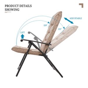 SUNCROWN 3-Piece Outdoor Furniture Patio Padded Folding Chair Set Patio Bistro Set Foldable Adjustable Reclining Lounge Chair with Coffee Table, Khaki