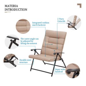 SUNCROWN 3-Piece Outdoor Furniture Patio Padded Folding Chair Set Patio Bistro Set Foldable Adjustable Reclining Lounge Chair with Coffee Table, Khaki