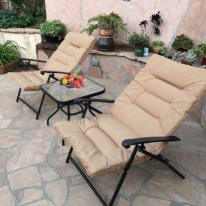 SUNCROWN 3-Piece Outdoor Furniture Patio Padded Folding Chair Set Patio Bistro Set Foldable Adjustable Reclining Lounge Chair with Coffee Table, Khaki