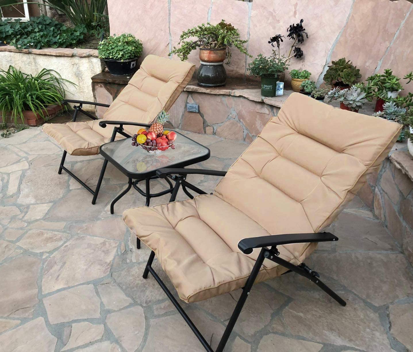 SUNCROWN 3-Piece Outdoor Furniture Patio Padded Folding Chair Set Patio Bistro Set Foldable Adjustable Reclining Lounge Chair with Coffee Table, Khaki