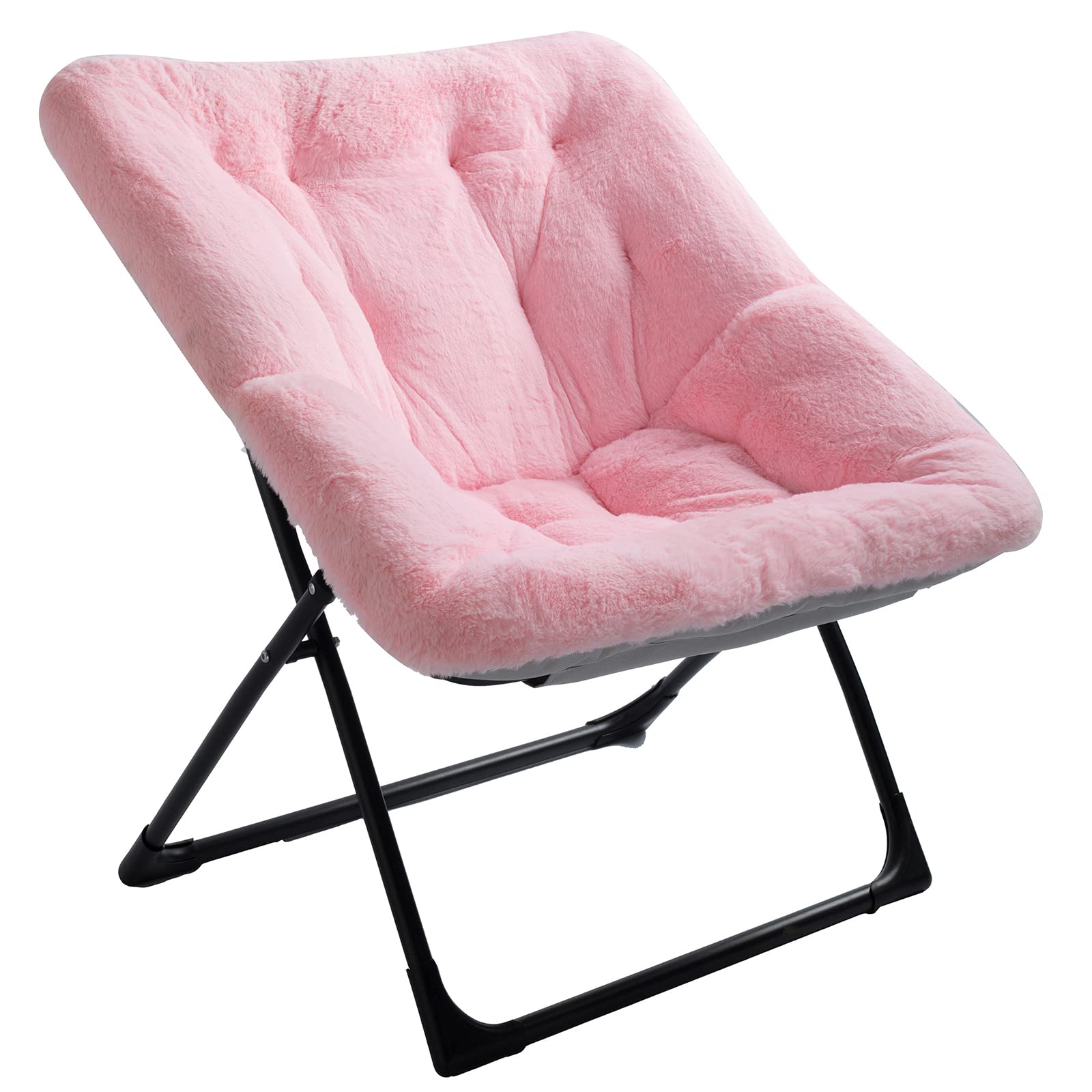 WELL-STRONG Folding Living Room Chair, Faux Fur Foldable Bedroom Chair, Oversized Saucer Chair, Comfy Chair with Metal Frame, Cozy Furry Padded Chair for Home, Bedroom, Living Room Pink