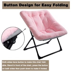 WELL-STRONG Folding Living Room Chair, Faux Fur Foldable Bedroom Chair, Oversized Saucer Chair, Comfy Chair with Metal Frame, Cozy Furry Padded Chair for Home, Bedroom, Living Room Pink