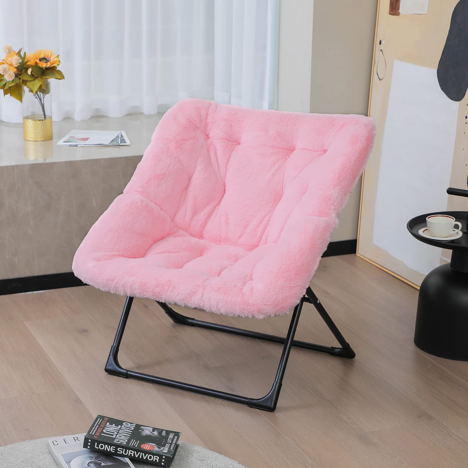 WELL-STRONG Folding Living Room Chair, Faux Fur Foldable Bedroom Chair, Oversized Saucer Chair, Comfy Chair with Metal Frame, Cozy Furry Padded Chair for Home, Bedroom, Living Room Pink