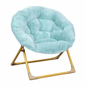 flash furniture gwen kids cozy mini folding saucer chair - dusty aqua faux fur moon chair - soft gold metal frame - 23" portable folding chair for living or bedroom