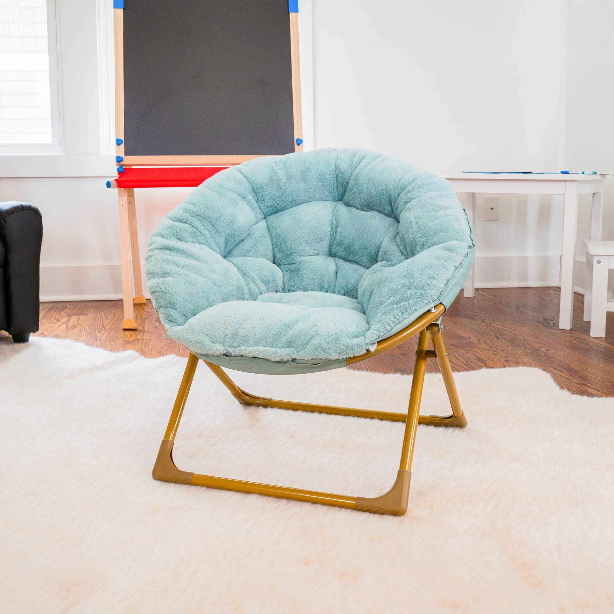 Flash Furniture Gwen Kids Cozy Mini Folding Saucer Chair - Dusty Aqua Faux Fur Moon Chair - Soft Gold Metal Frame - 23" Portable Folding Chair For Living or Bedroom