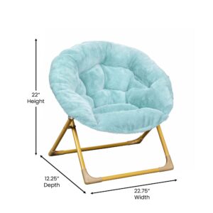 Flash Furniture Gwen Kids Cozy Mini Folding Saucer Chair - Dusty Aqua Faux Fur Moon Chair - Soft Gold Metal Frame - 23" Portable Folding Chair For Living or Bedroom