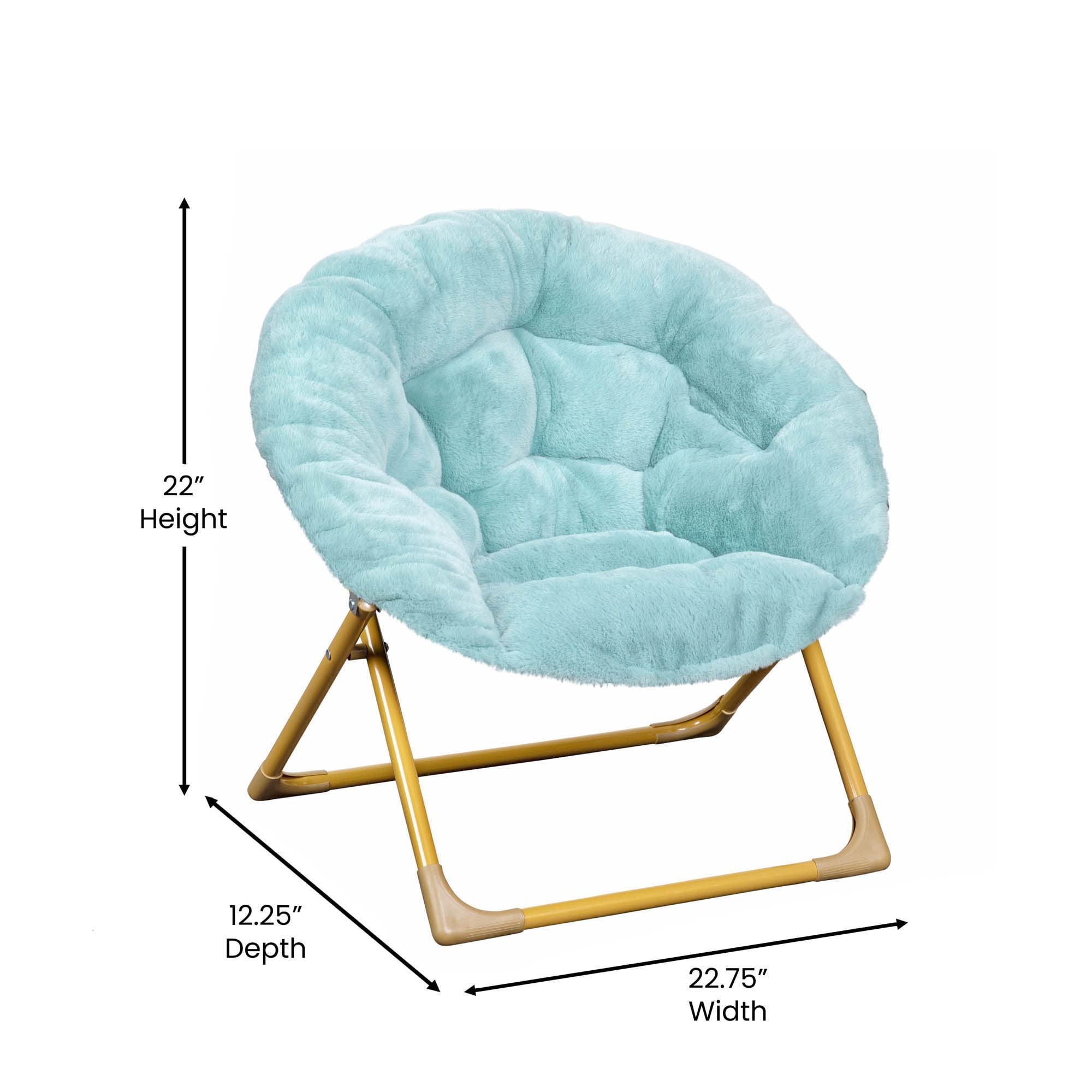 Flash Furniture Gwen Kids Cozy Mini Folding Saucer Chair - Dusty Aqua Faux Fur Moon Chair - Soft Gold Metal Frame - 23" Portable Folding Chair For Living or Bedroom