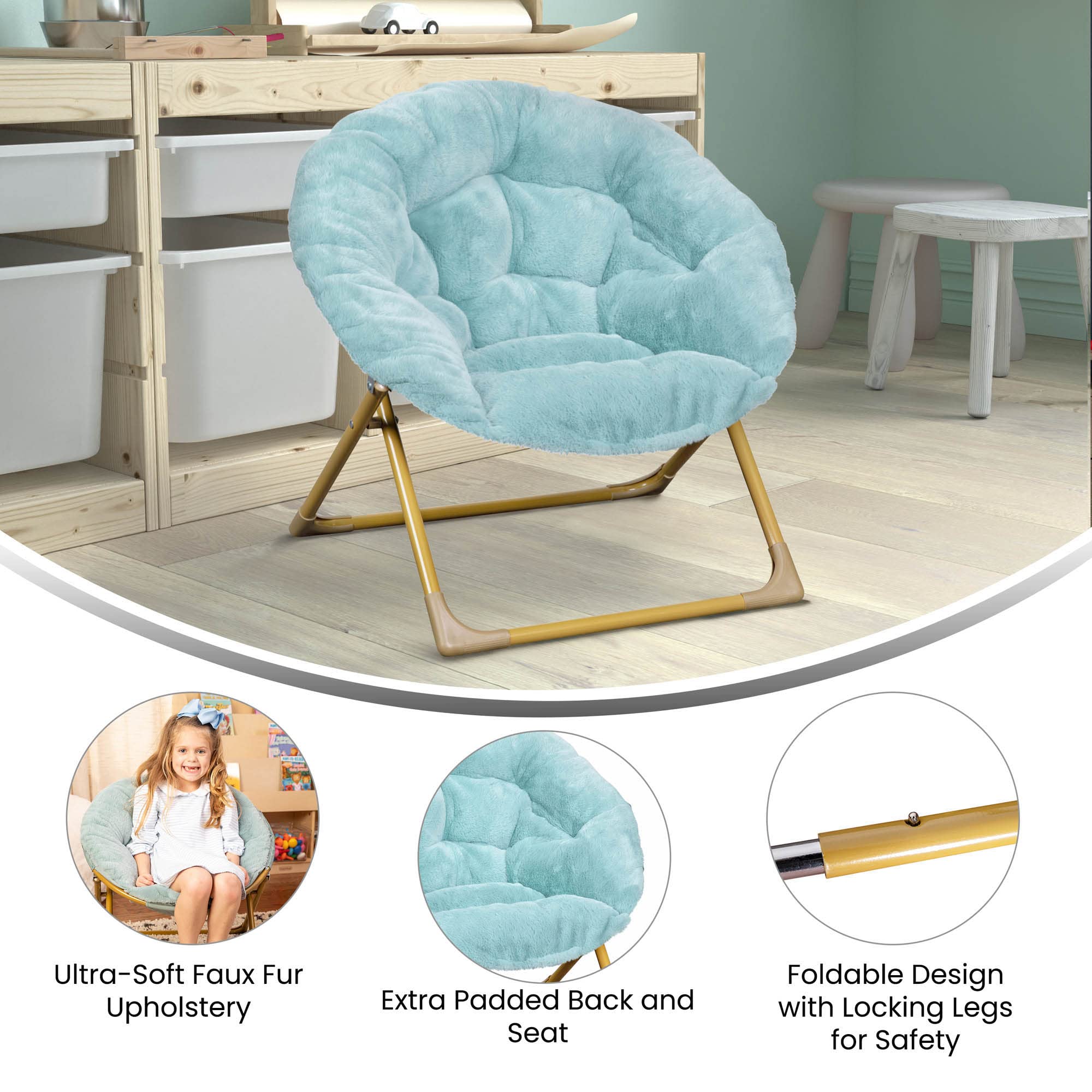 Flash Furniture Gwen Kids Cozy Mini Folding Saucer Chair - Dusty Aqua Faux Fur Moon Chair - Soft Gold Metal Frame - 23" Portable Folding Chair For Living or Bedroom