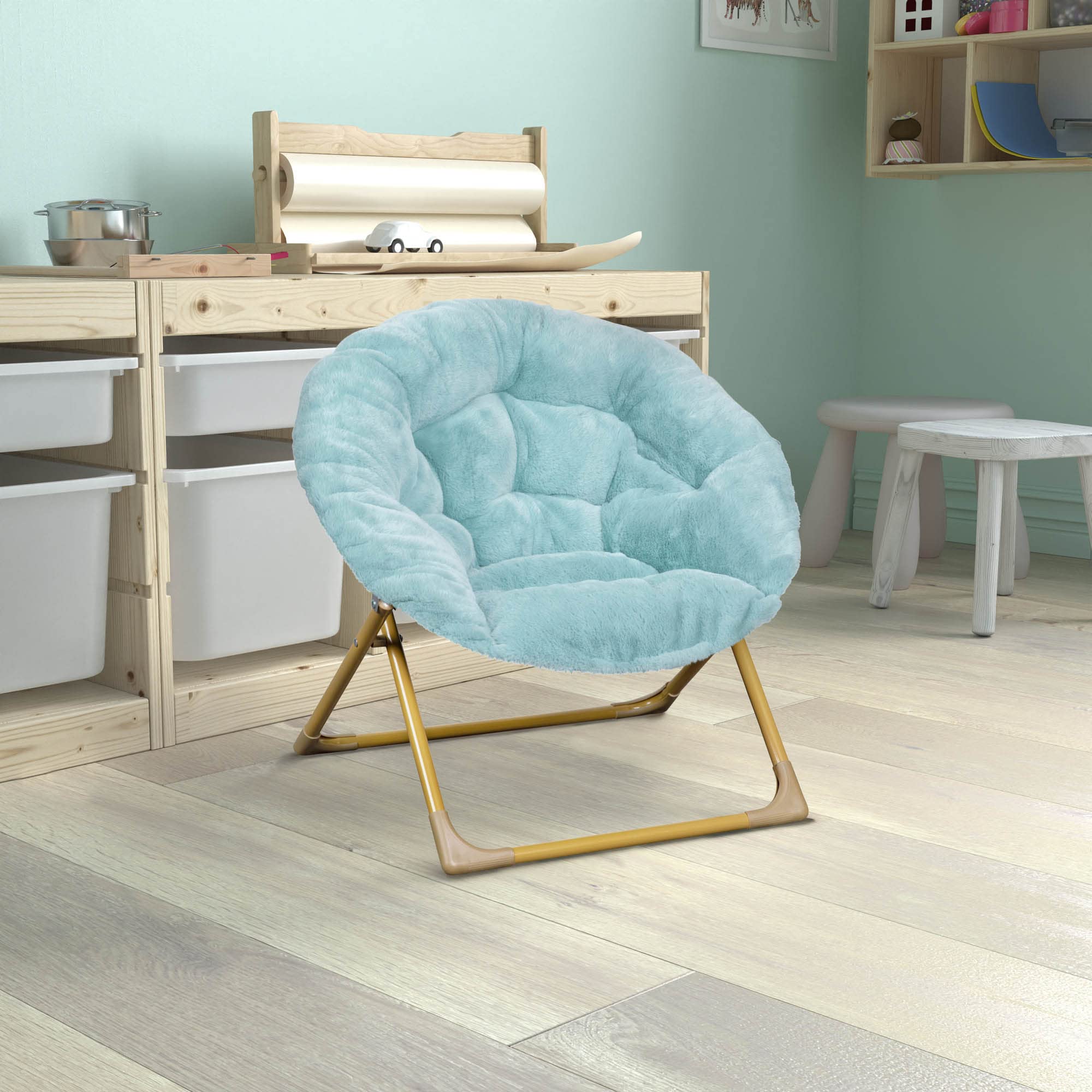 Flash Furniture Gwen Kids Cozy Mini Folding Saucer Chair - Dusty Aqua Faux Fur Moon Chair - Soft Gold Metal Frame - 23" Portable Folding Chair For Living or Bedroom