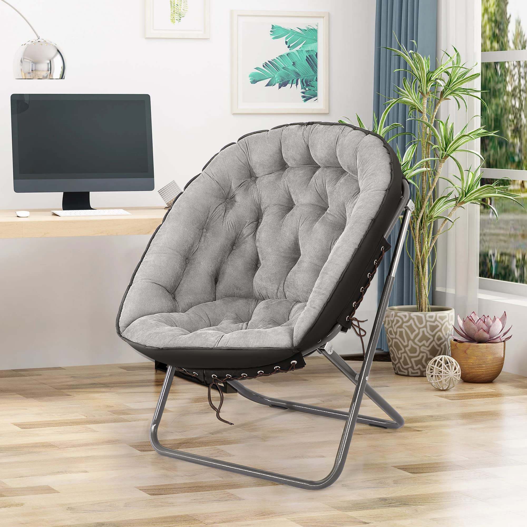 iw I WISH Saucer Chair for Adults,Folding Saucer Chair,Oversized Saucer Chair,Comfy Foldable Chair for Bedroom,Moon Chair，300 lbs (Grey)