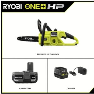 Ryobi ONE+ 10 in. HP 18V Brushless Lithium-Ion Electric Cordless Battery Chainsaw - 4.0 Ah Battery and Charger Included