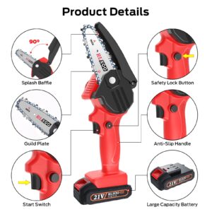 Mini Chainsaw, RLSOO Upgraded 4-Inch Battery Powered Cordless Chainsaw, Portable One-Handed Rechargeable Electric Chainsaw for Tree Trimming Branch Wood Cutting（2 Batteries, 3 Chains Included）