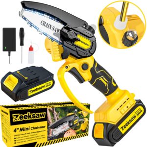zeeksaw mini chainsaw cordless battery powered, upgraded 4 in handheld portable operated with oiling system, electric chainsaws for garden yard camping -time saver