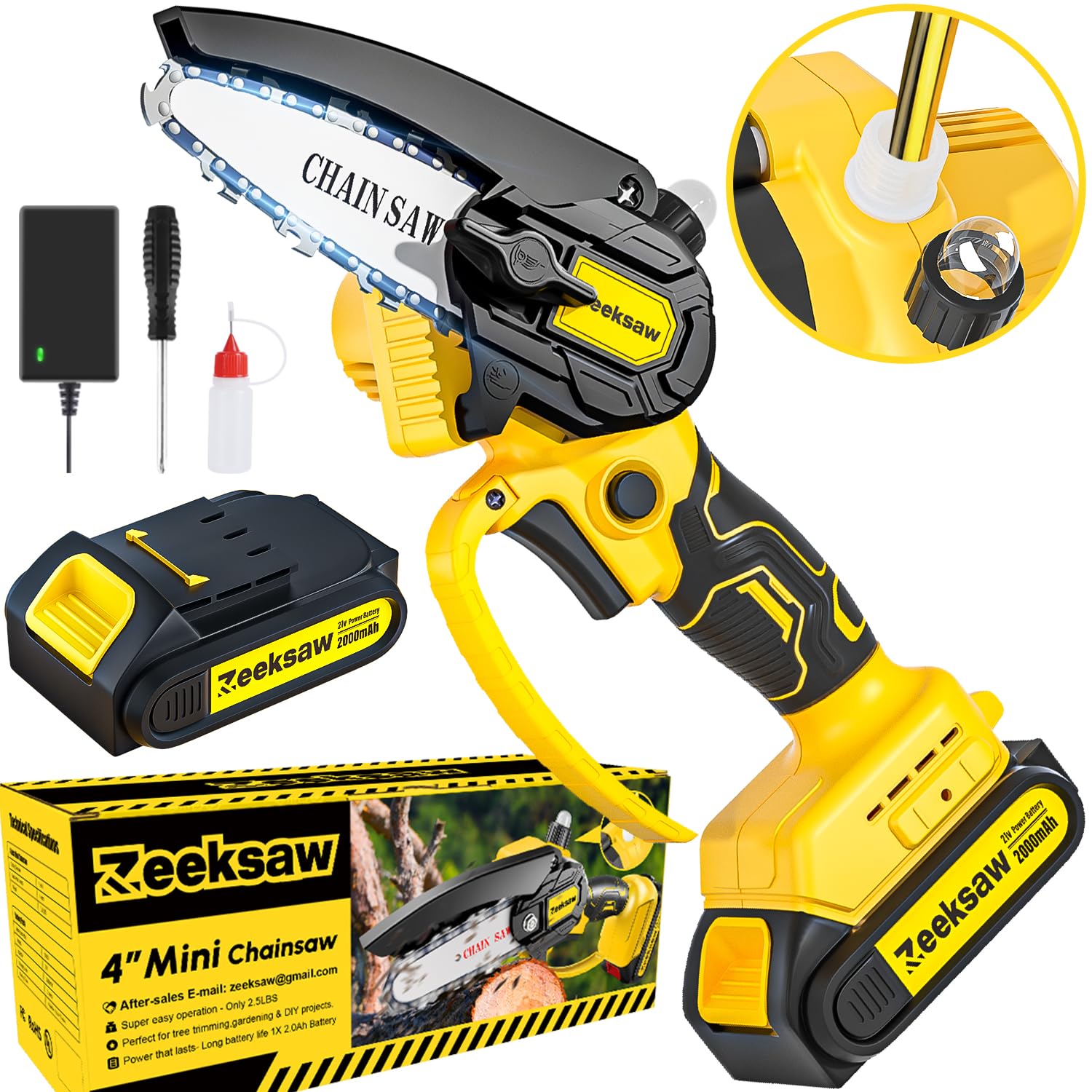 Zeeksaw Mini Chainsaw Cordless Battery Powered, Upgraded 4 in Handheld Portable Operated with Oiling System, Electric Chainsaws for Garden Yard Camping -Time Saver