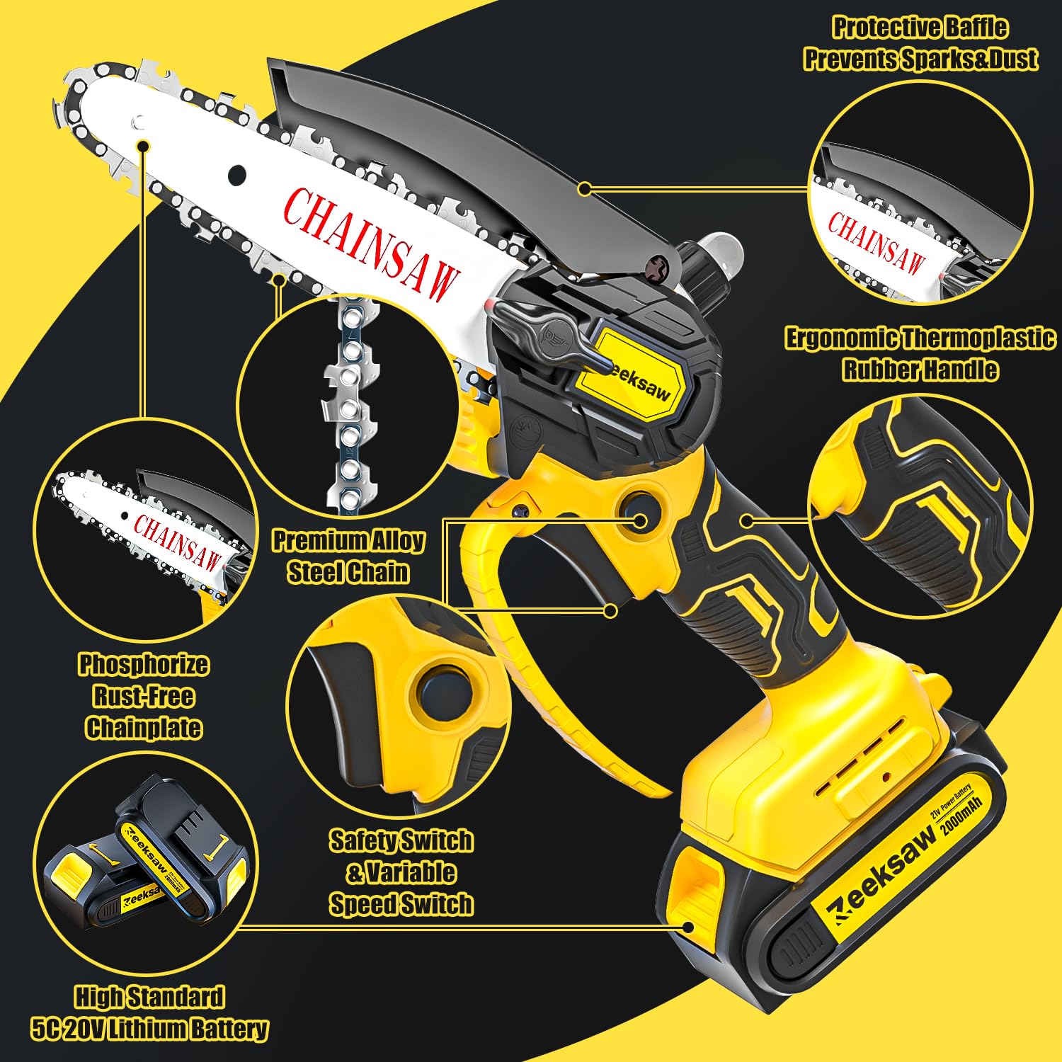 Zeeksaw Mini Chainsaw Cordless Battery Powered, Upgraded 4 in Handheld Portable Operated with Oiling System, Electric Chainsaws for Garden Yard Camping -Time Saver