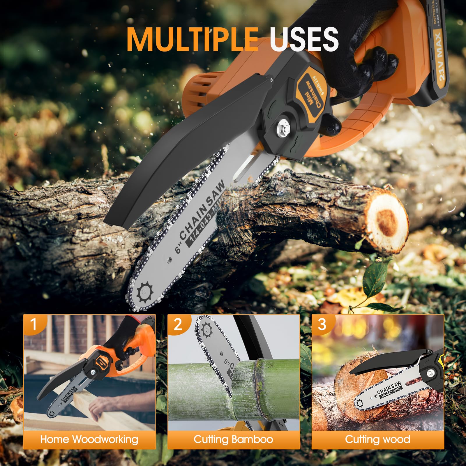 Anttctig Mini Chainsaw 6 inch Cordless, 21V/2Ah Battery Powered Chain Saw for Branch Pruning with 2 Chains, 2 Battery, Portable Electric Handheld Small Chainsaw w/Security Lock, for Tree Trimming