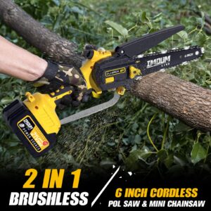 IMOUMLIVE 2-IN-1 Cordless Pole Saw & Chainsaw, 6" Cutting Brushless Electric Rotatable Pole Saw, Oiling System, 7.7 LB Lightweight, 21V 3.0Ah Battery, 16.3-Foot Max Reach Pole Saw for Tree Trimming