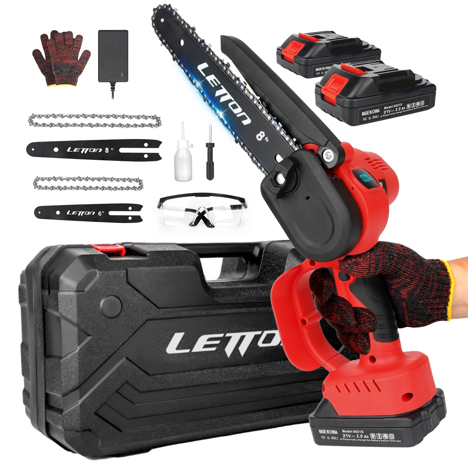 Letton Mini Chainsaw,8 inch & 6 inch electric chainsaw cordless With 21V Battery Powered,Portable Hand Held Chain Saw For Cutting Trees Branch Trimming Pruning-Red