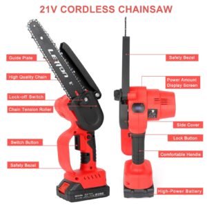 Letton Mini Chainsaw,8 inch & 6 inch electric chainsaw cordless With 21V Battery Powered,Portable Hand Held Chain Saw For Cutting Trees Branch Trimming Pruning-Red