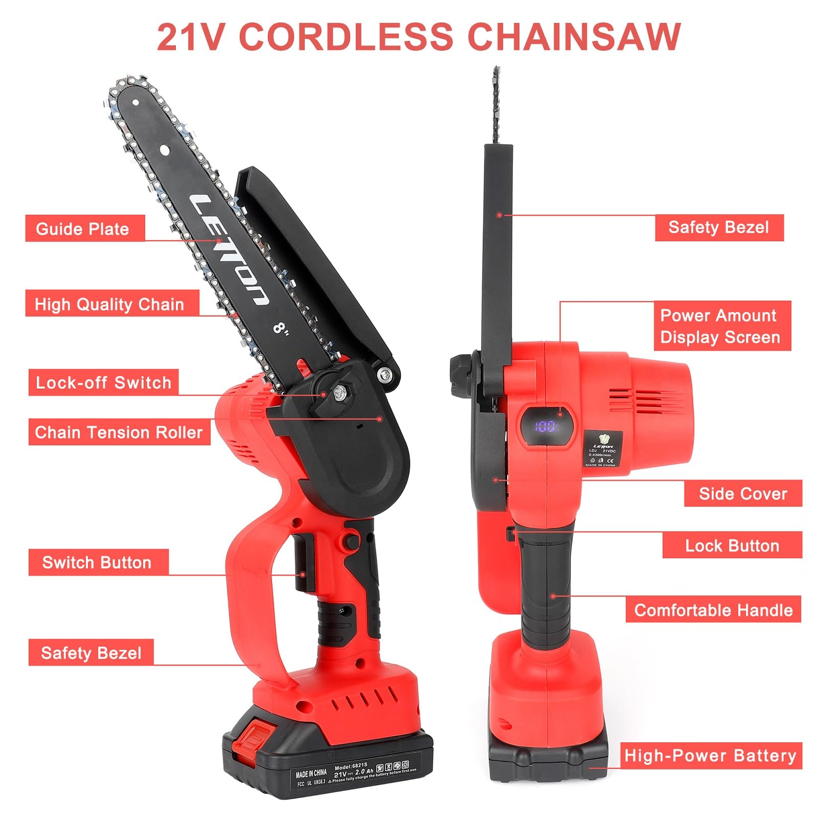 Letton Mini Chainsaw,8 inch & 6 inch electric chainsaw cordless With 21V Battery Powered,Portable Hand Held Chain Saw For Cutting Trees Branch Trimming Pruning-Red