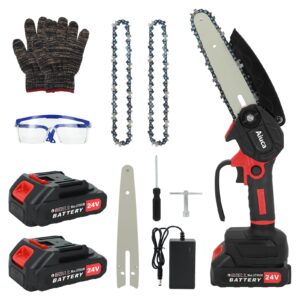 mini chainsaw 6-inch cordless power chain saws with security lock small handheld chain saw with 2 x 24v 6500mah battery 2 chains for wood cutting, tree trimming, gardening, courtyard and garden, red