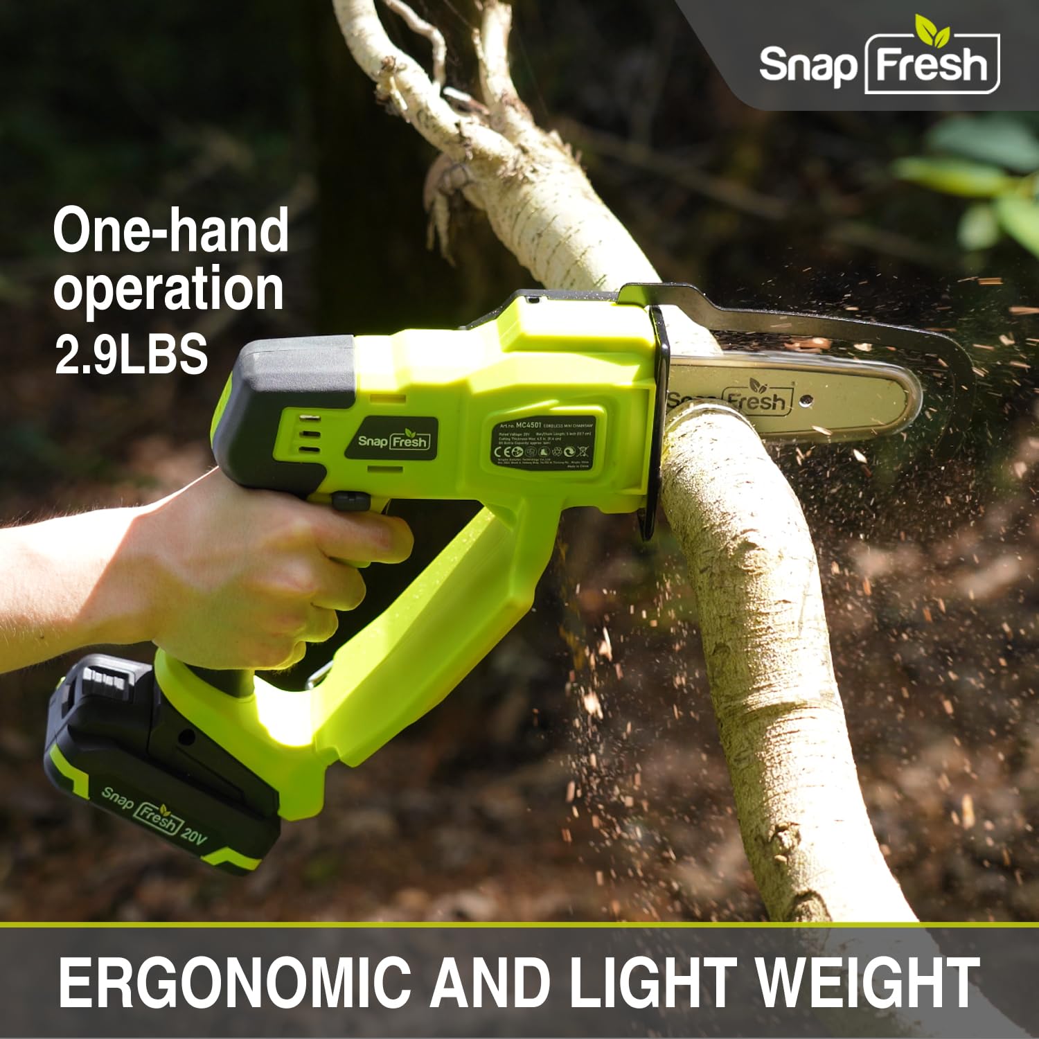 SnapFresh Mini Chainsaw Cordless, 5 Inch Electric Chain Saw Portable Handheld Chain Saw With 2.0Ah Battery & Fast Charger, Security Lock, for Tree Branches, Courtyard Garden